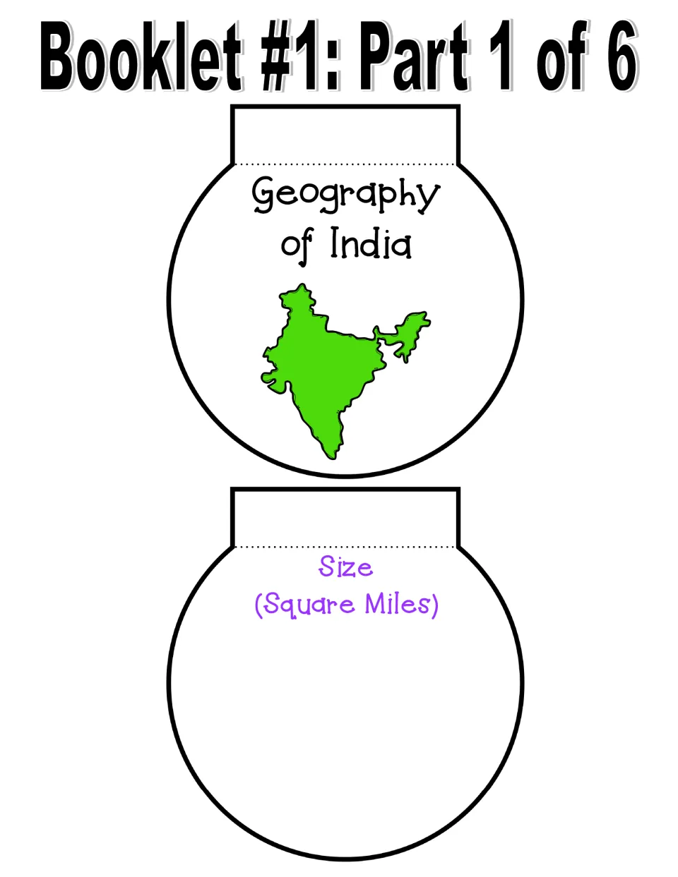 India geography booklet, part 1 of 6: a cover featuring India's map and a Size (Square Miles) prompt