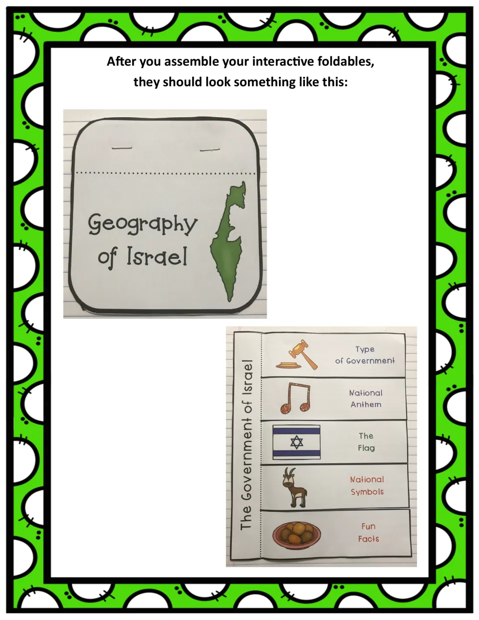 Photos of the finished Geography of Israel booklet and Government flap book: Type of Government, Flag and more