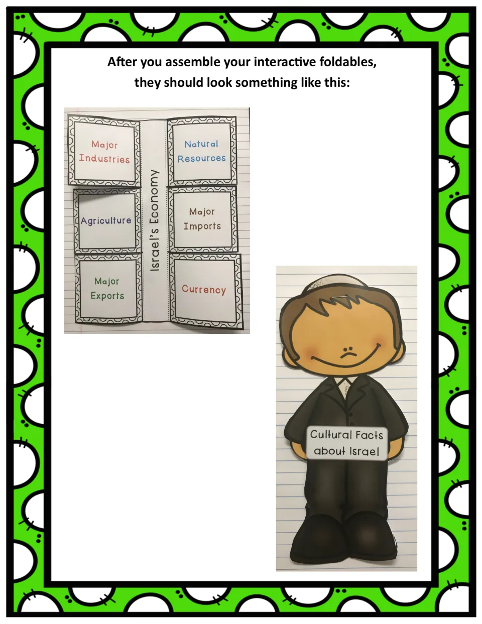 Finished Israel's Economy flaps (Major Industries, Currency and 4 more) and the boy-shaped Cultural Facts booklet
