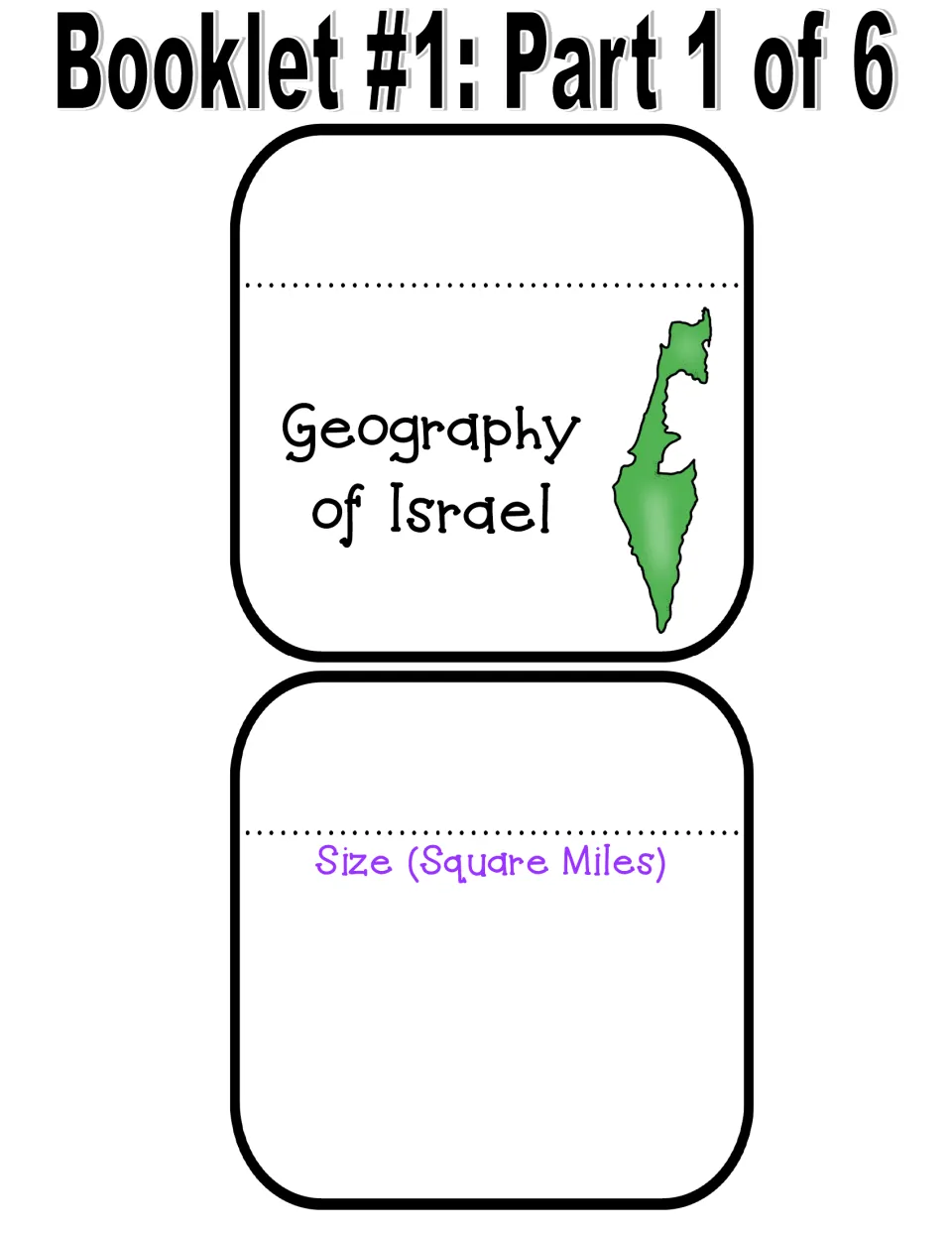Booklet #1, Geography of Israel, part 1 of 6: title page with a map of Israel and the Size (Square Miles) page