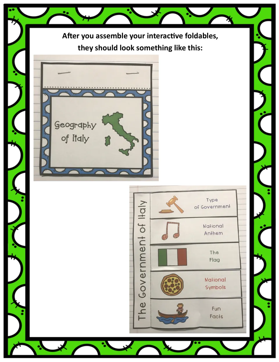 Assembled Italy booklet examples show the geography cover and government flaps for recording facts