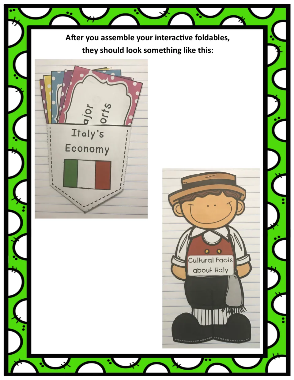 Assembled Italy booklet examples show the economy pocket holding cards and the cultural facts booklet