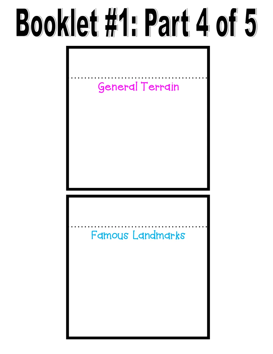 Booklet #1 part 4: Geography of Jamaica pages headed General Terrain and Famous Landmarks for students to fill in