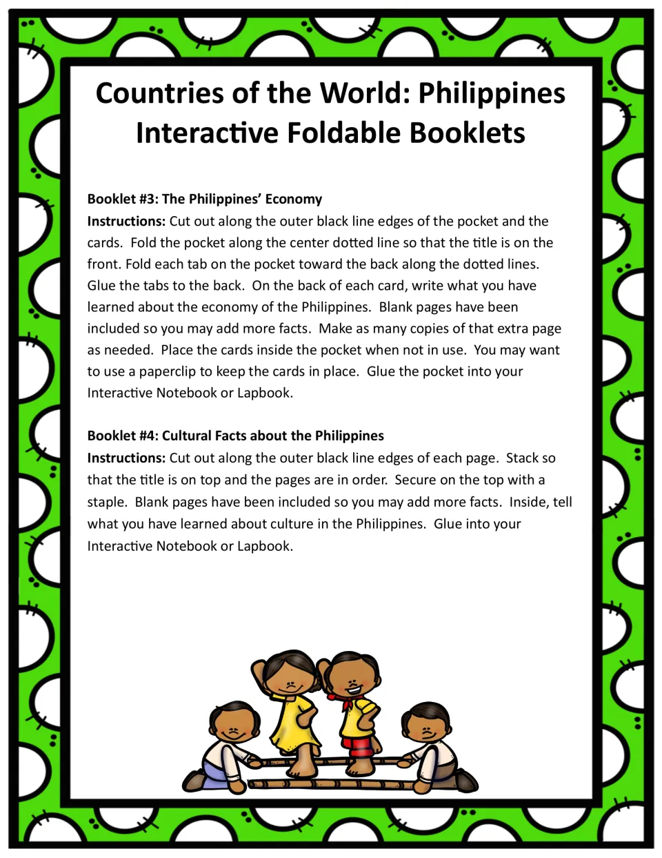 Instructions for making the Philippines economy pocket and cards and assembling the cultural facts booklet