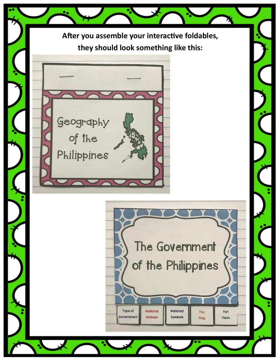 Completed Philippines geography and government booklet examples, showing the government booklet's topic tabs