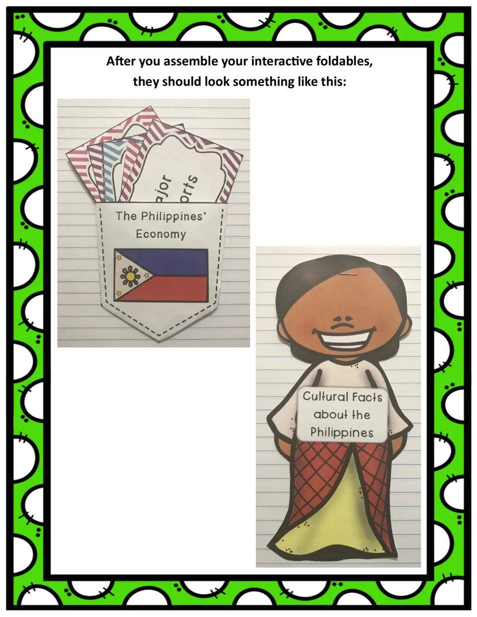 Completed Philippines economy pocket holding topic cards and a person-shaped cultural facts booklet