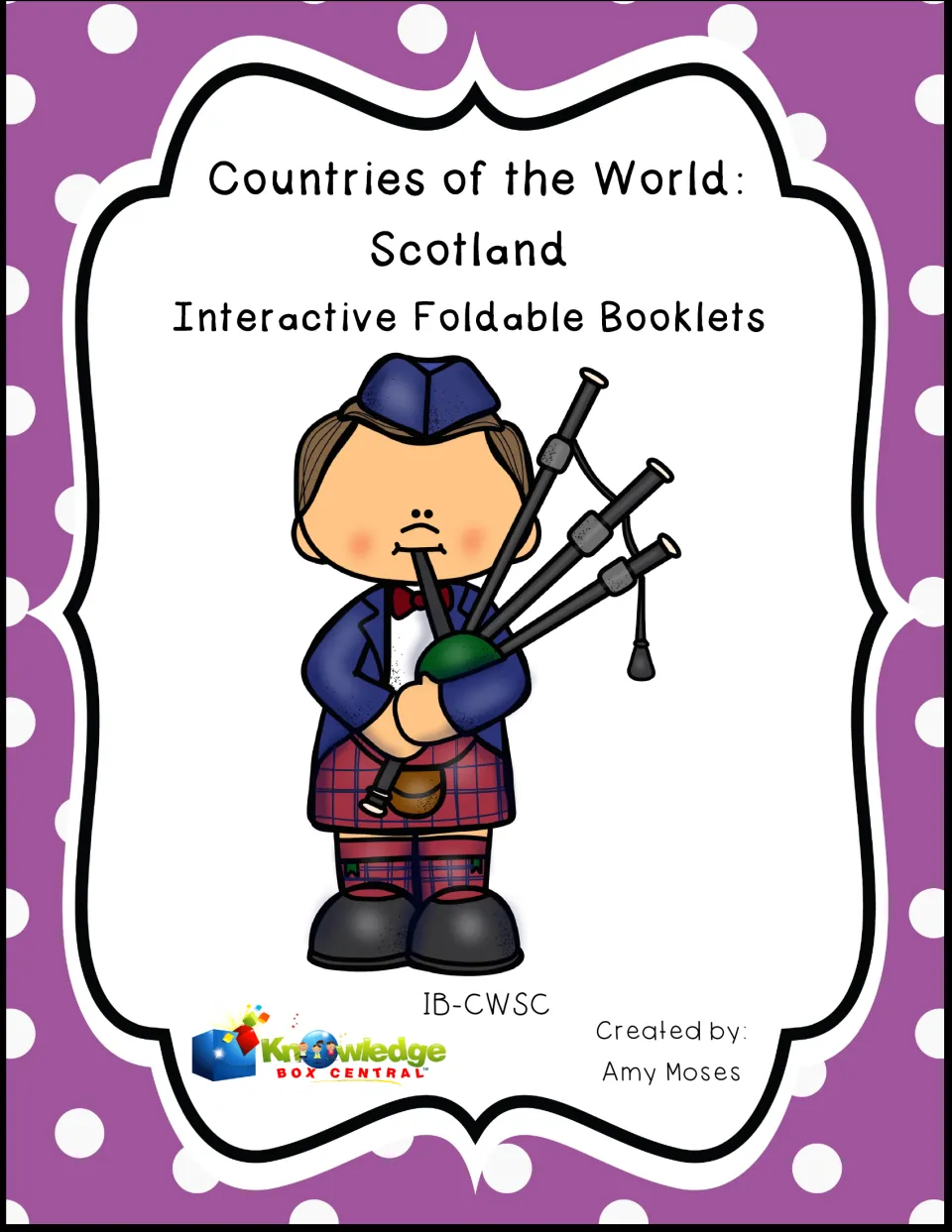 Scotland interactive foldable booklets cover with a boy in a tartan kilt playing bagpipes, created by Amy Moses
