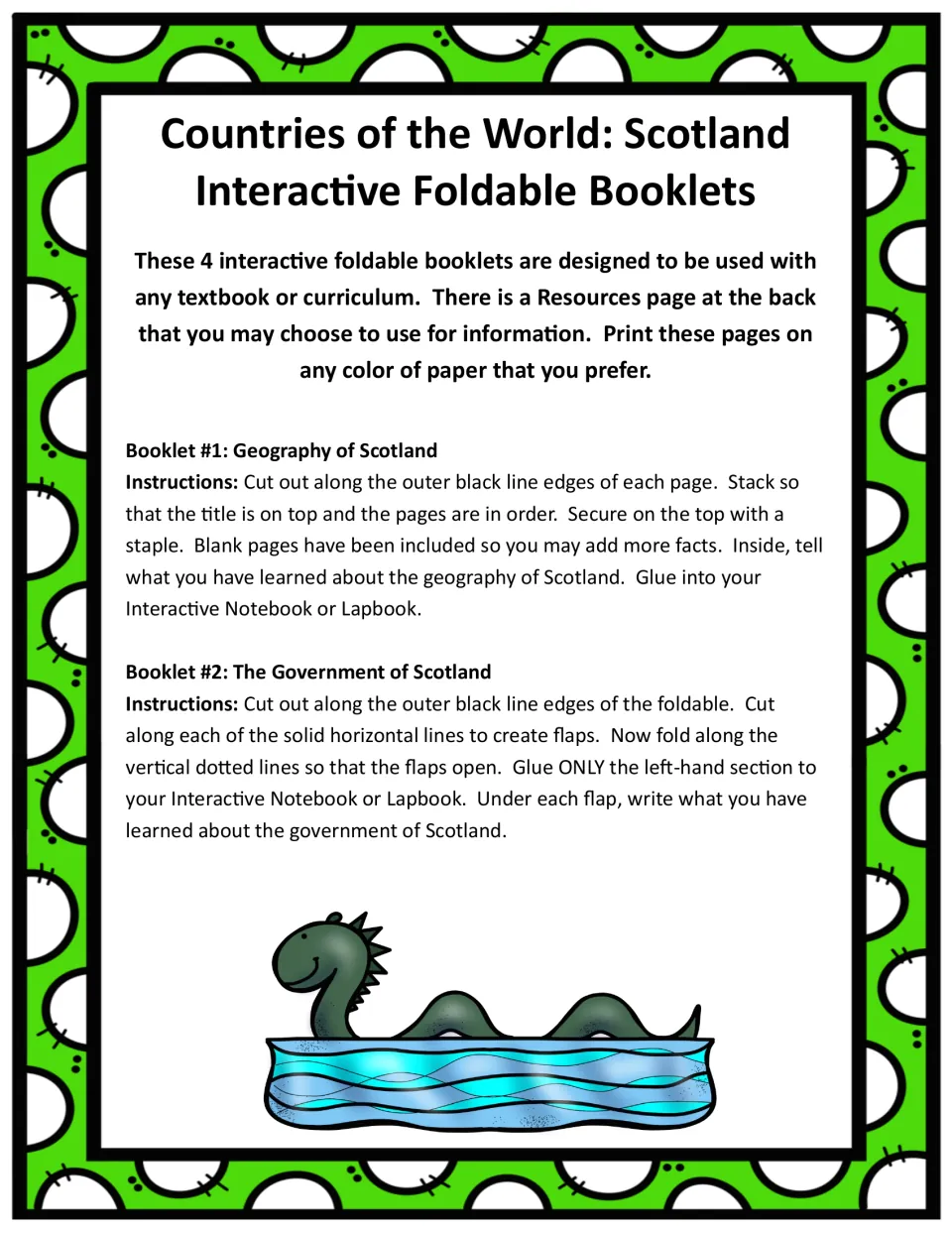Instructions for Booklet 1, Geography of Scotland, and Booklet 2, Government of Scotland: cut, staple, fold, glue