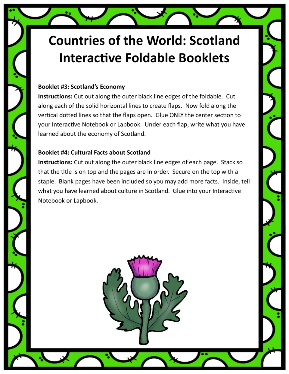 Instructions for Booklet 3, Scotland's Economy, and Booklet 4, Cultural Facts about Scotland, with assembly steps