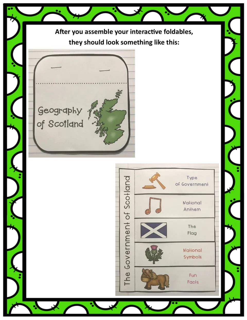 Photos of finished booklets: Geography of Scotland booklet and Government flaps for anthem, flag and symbols