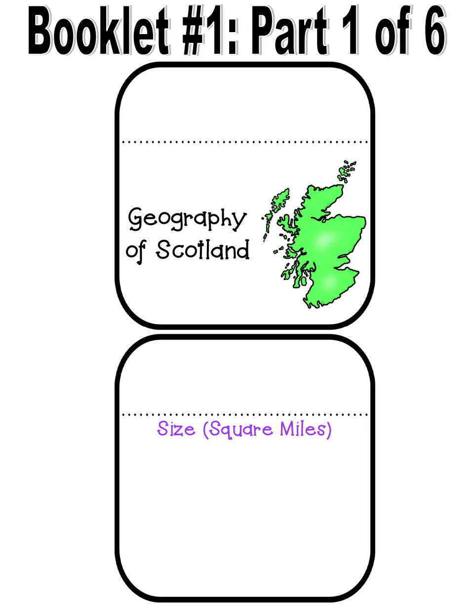 Geography of Scotland booklet part 1: title page with a map of Scotland and a 'Size (Square Miles)' page