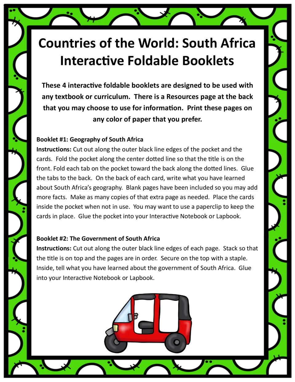 Assembly instructions for Booklet 1, Geography of South Africa, and Booklet 2, The Government of South Africa