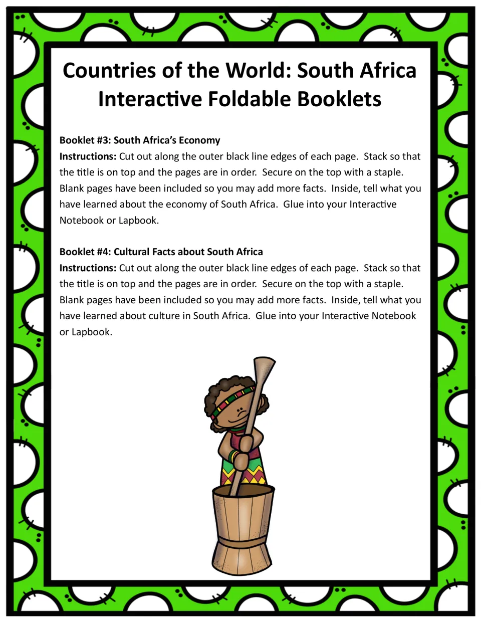 Assembly instructions for Booklet 3, South Africa's Economy, and Booklet 4, Cultural Facts about South Africa