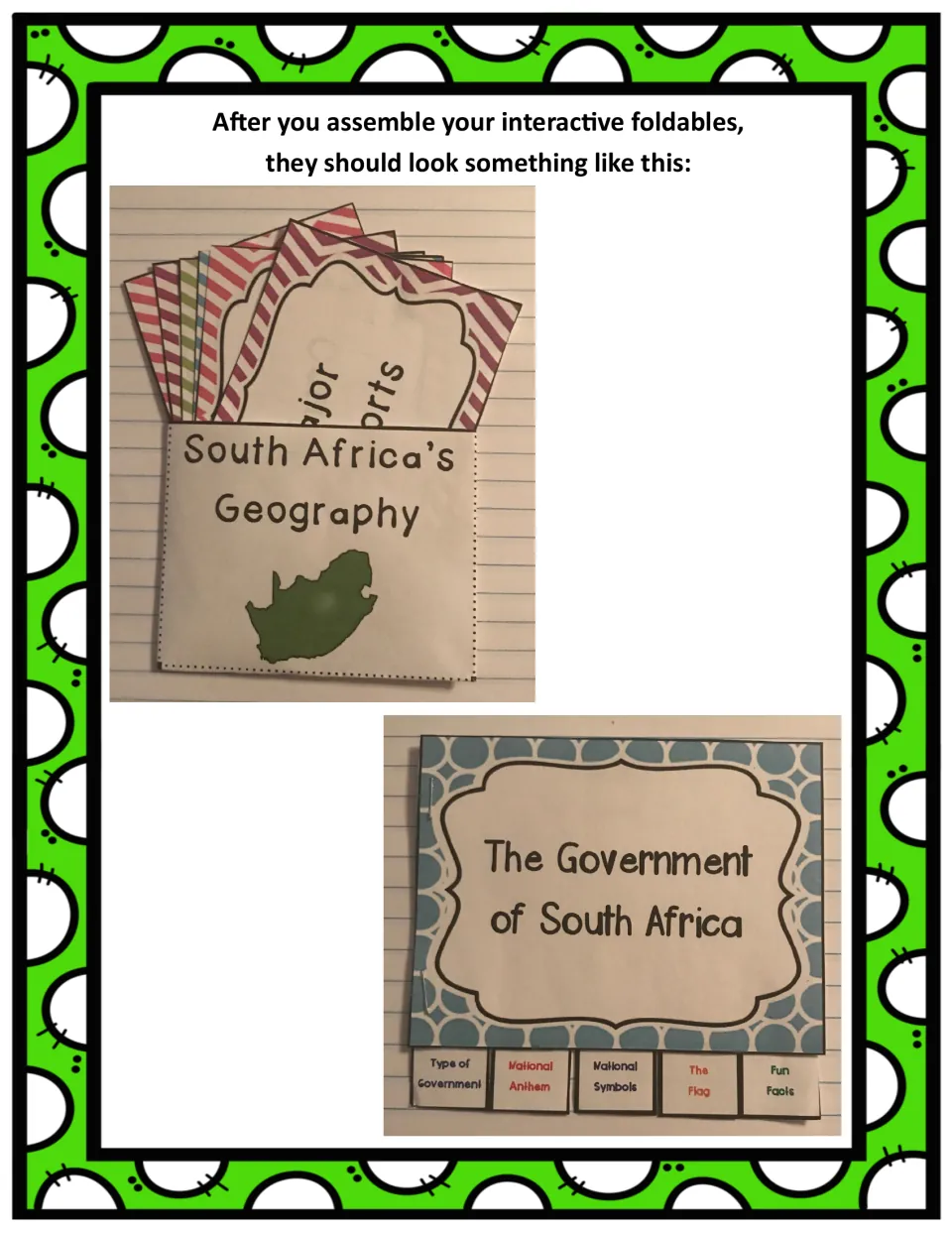 Finished samples: Geography pocket with cards and Government booklet with tabs like Type of Government and The Flag