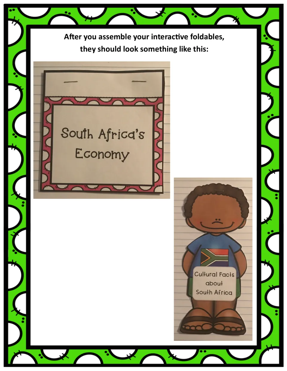 Finished samples: the stapled South Africa's Economy booklet and the Cultural Facts booklet shaped like a boy