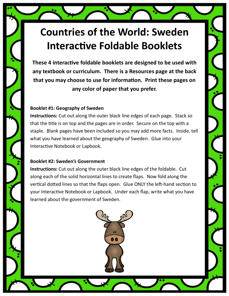Assembly instructions for Booklet #1, Geography of Sweden, and Booklet #2, Sweden's Government