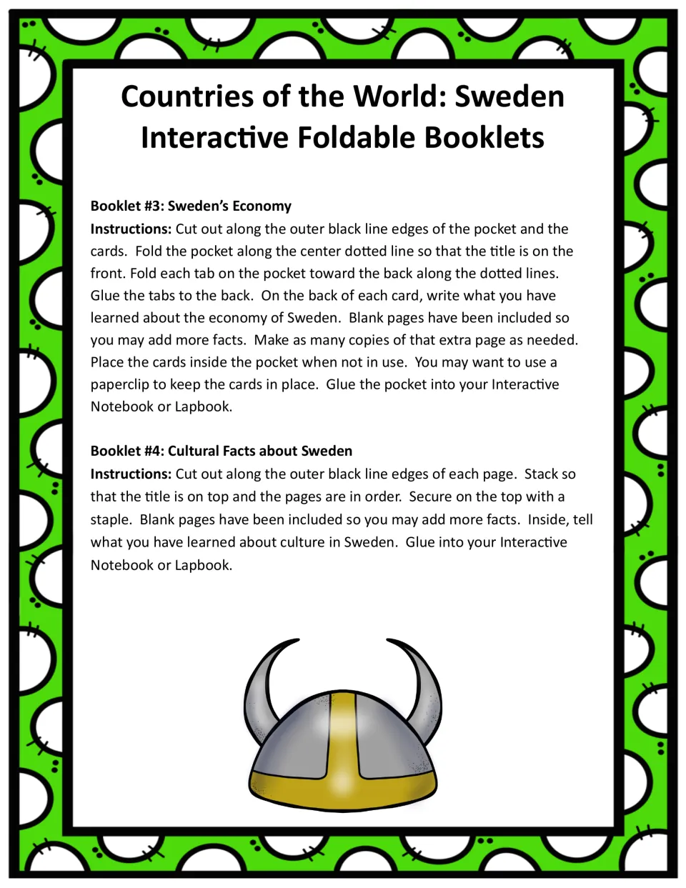 Assembly instructions for Booklet #3, Sweden's Economy pocket and cards, and Booklet #4, Cultural Facts about Sweden