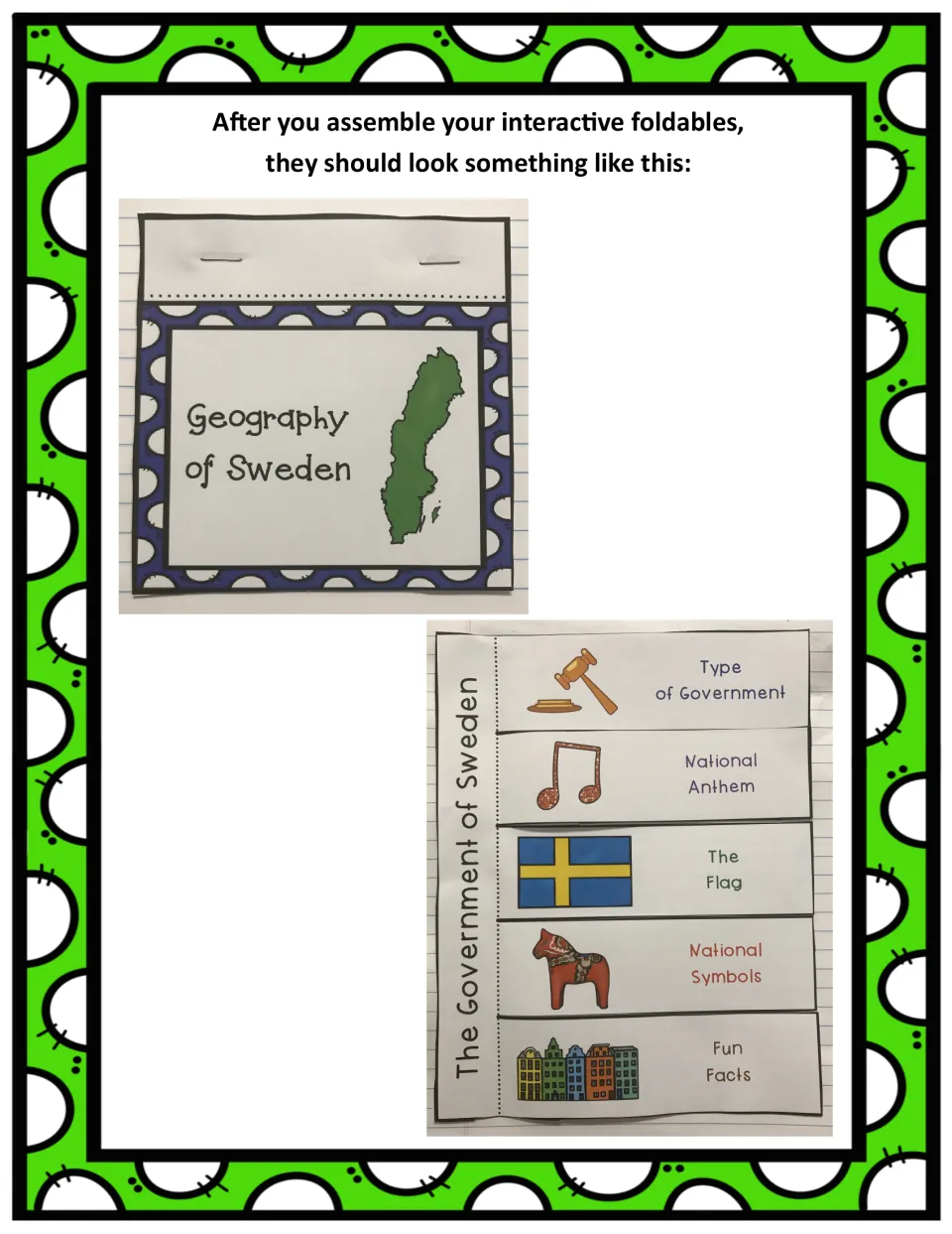 Photos of finished Geography of Sweden booklet and Government flaps: Type of Government, Anthem, Flag and 2 more