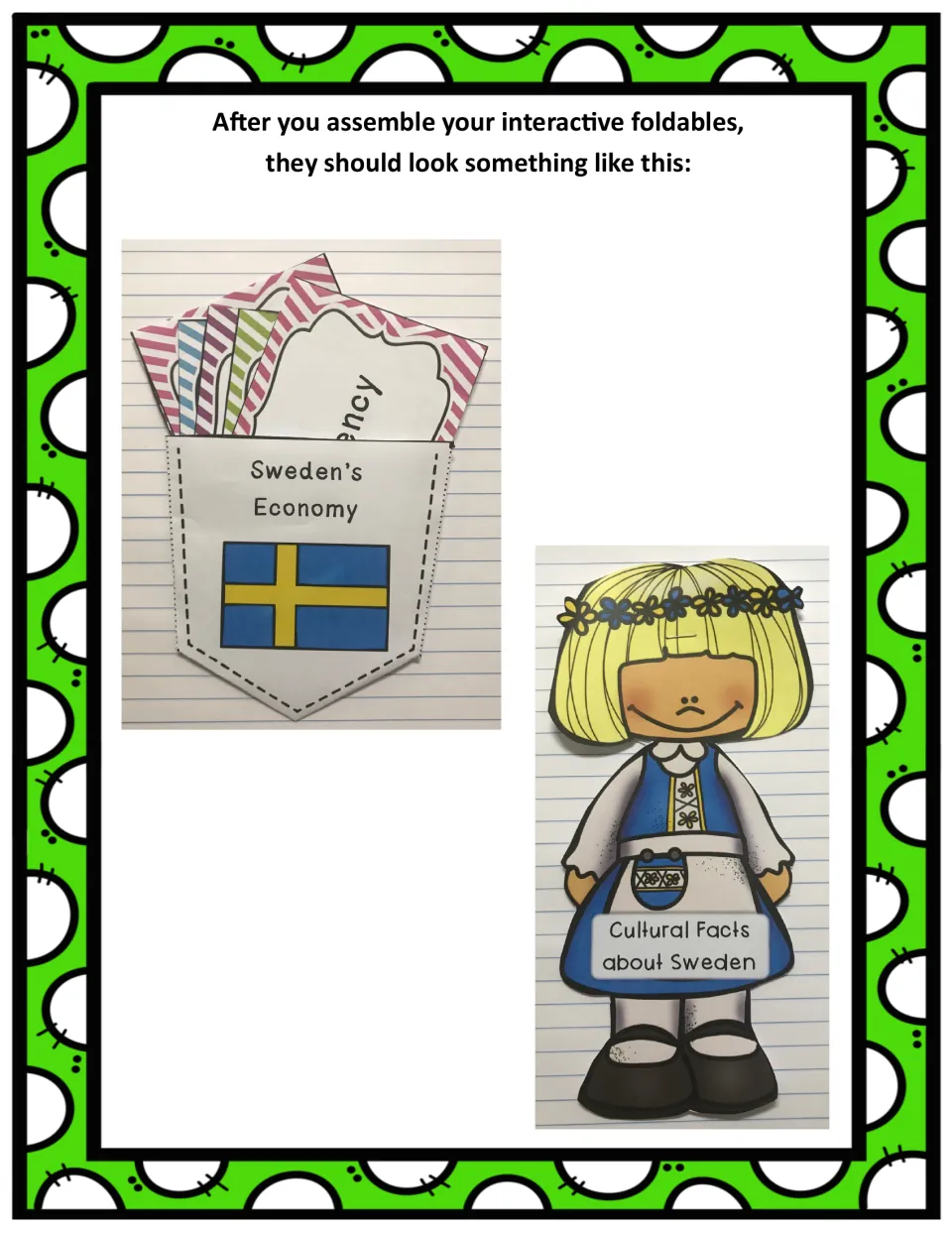 Photos of finished Sweden's Economy pocket holding cards and Cultural Facts about Sweden booklet shaped like a girl