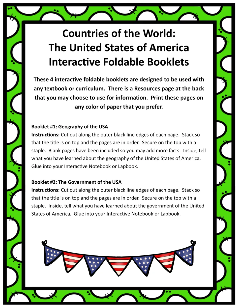 Assembly instructions for USA geography and government booklets: cut, stack, staple, and glue into a notebook