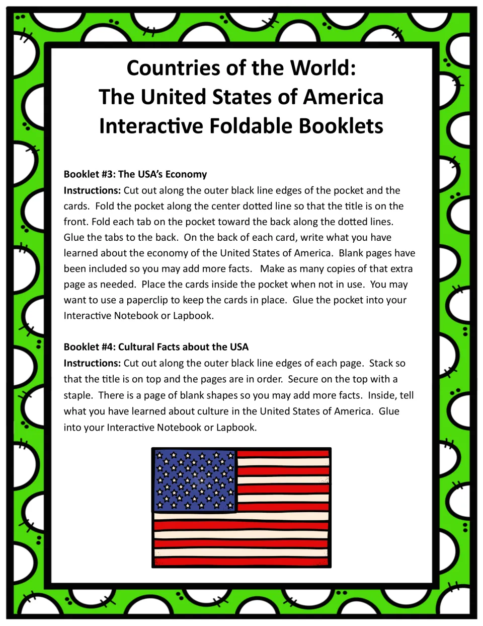 Assembly instructions for the USA economy pocket and cards and the cultural facts booklet, with writing tasks