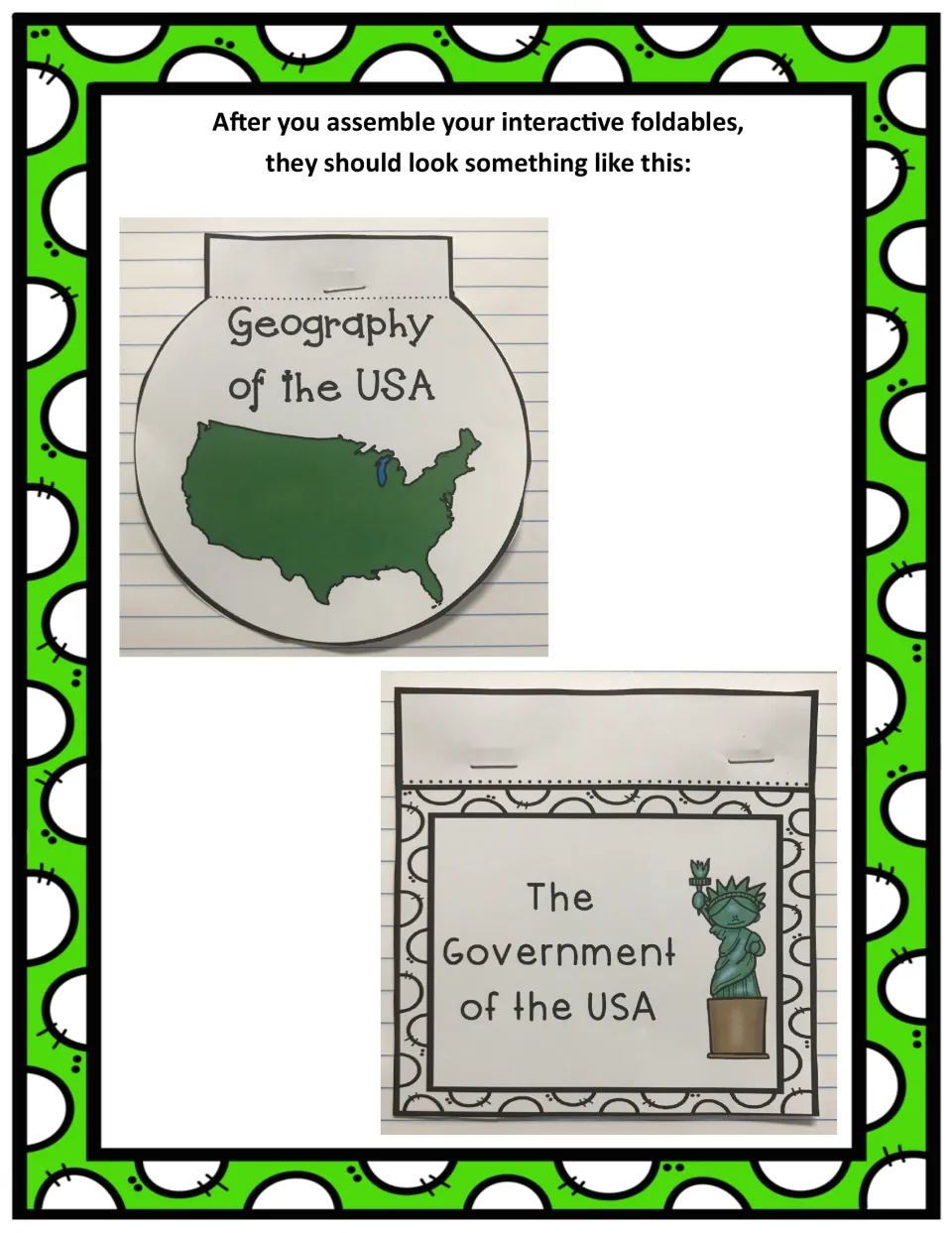 Completed USA geography and government booklet examples show how the assembled pieces look in a notebook