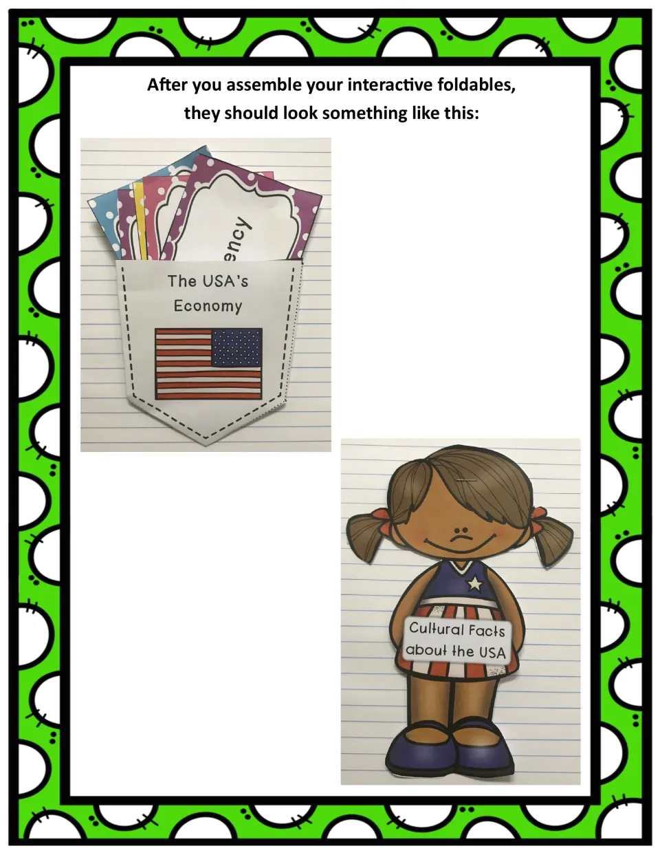 Completed USA economy pocket with cards and cultural facts booklet show how the assembled foldables look