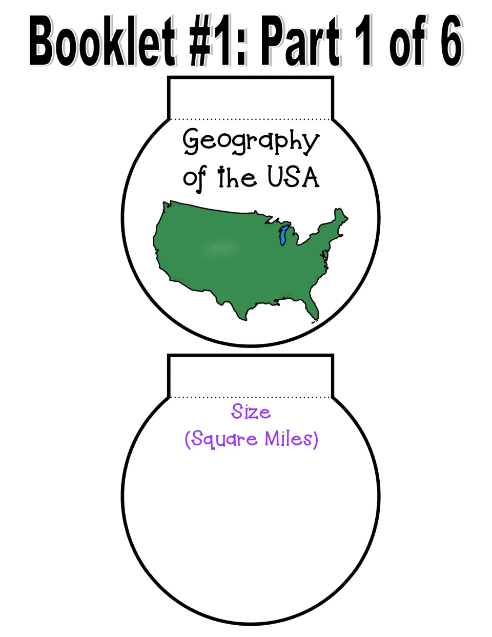 USA geography booklet part 1 of 6: a cover featuring a United States map and a Size (Square Miles) piece