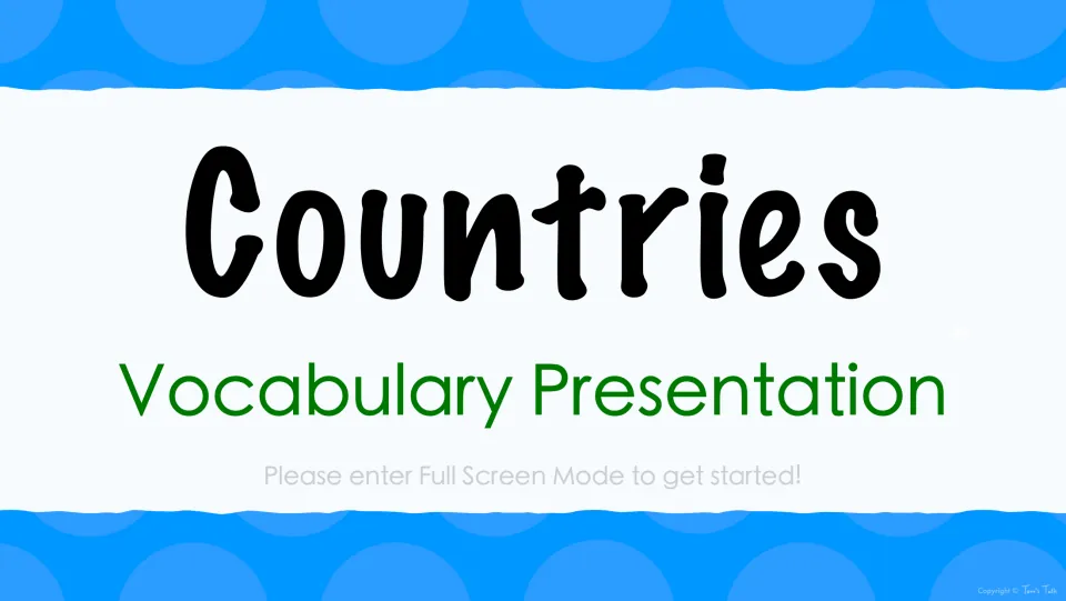 Countries Vocabulary Presentation title slide, with a prompt to enter full screen mode before the flag slides begin