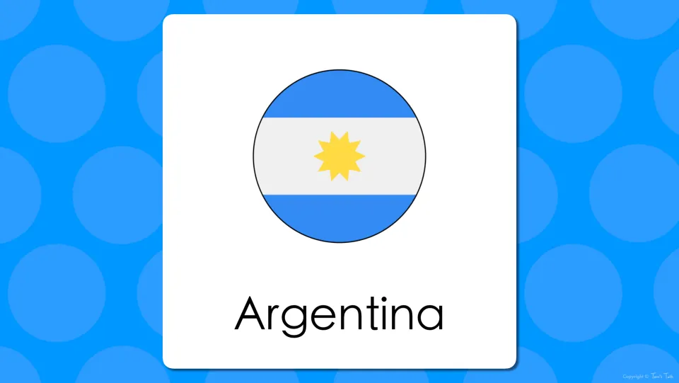 Argentina vocabulary slide: the blue and white sun flag shown with the word Argentina so students read and say the name