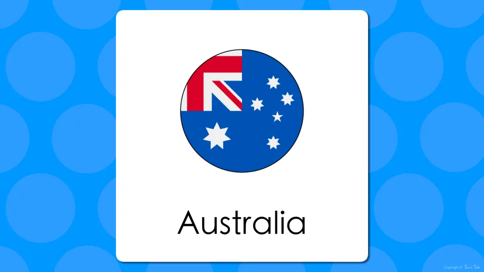 Australia vocabulary slide: the blue flag with the Union Jack and stars labeled Australia for reading the country name