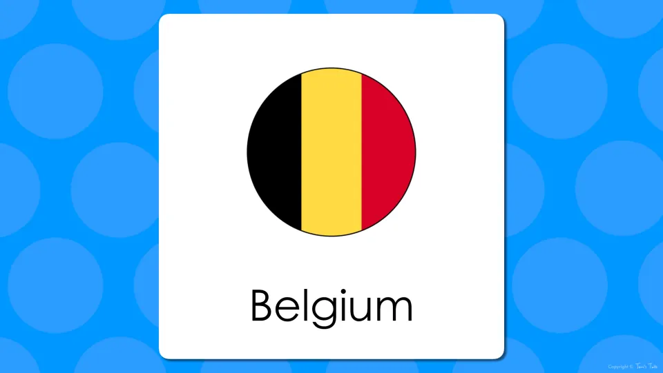 Belgium vocabulary slide: the black, yellow and red striped flag paired with the word Belgium to read and pronounce