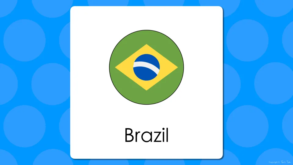 Brazil vocabulary slide: the green flag with a yellow diamond and blue globe shown with the word Brazil to read aloud
