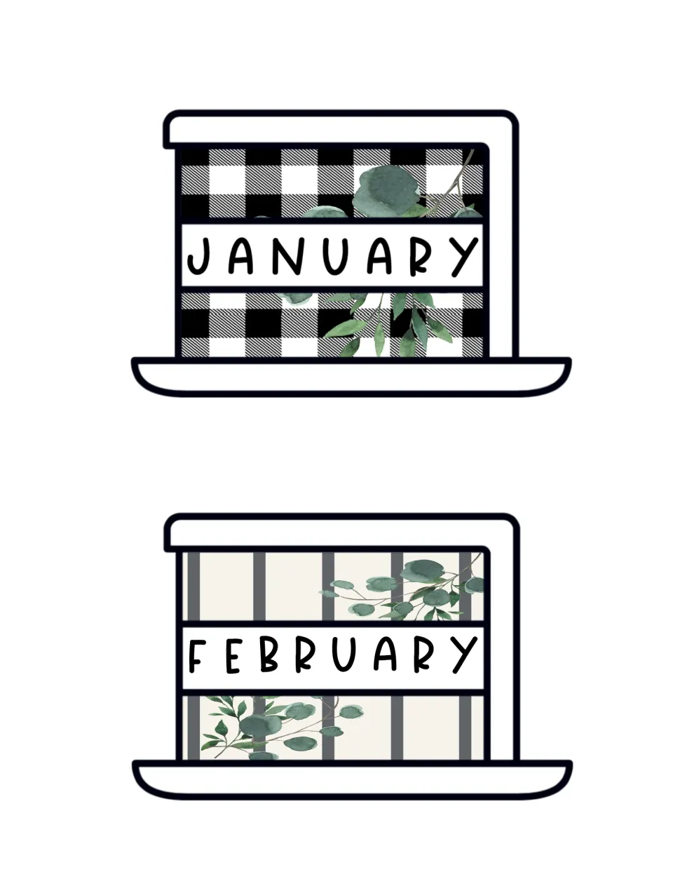 Birthday board month cards for January and February, one on buffalo check and one on gray stripes with eucalyptus leaves
