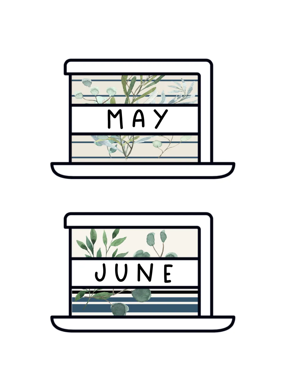 Month cards for May and June with watercolor greenery over cream and navy stripes for the classroom birthday display