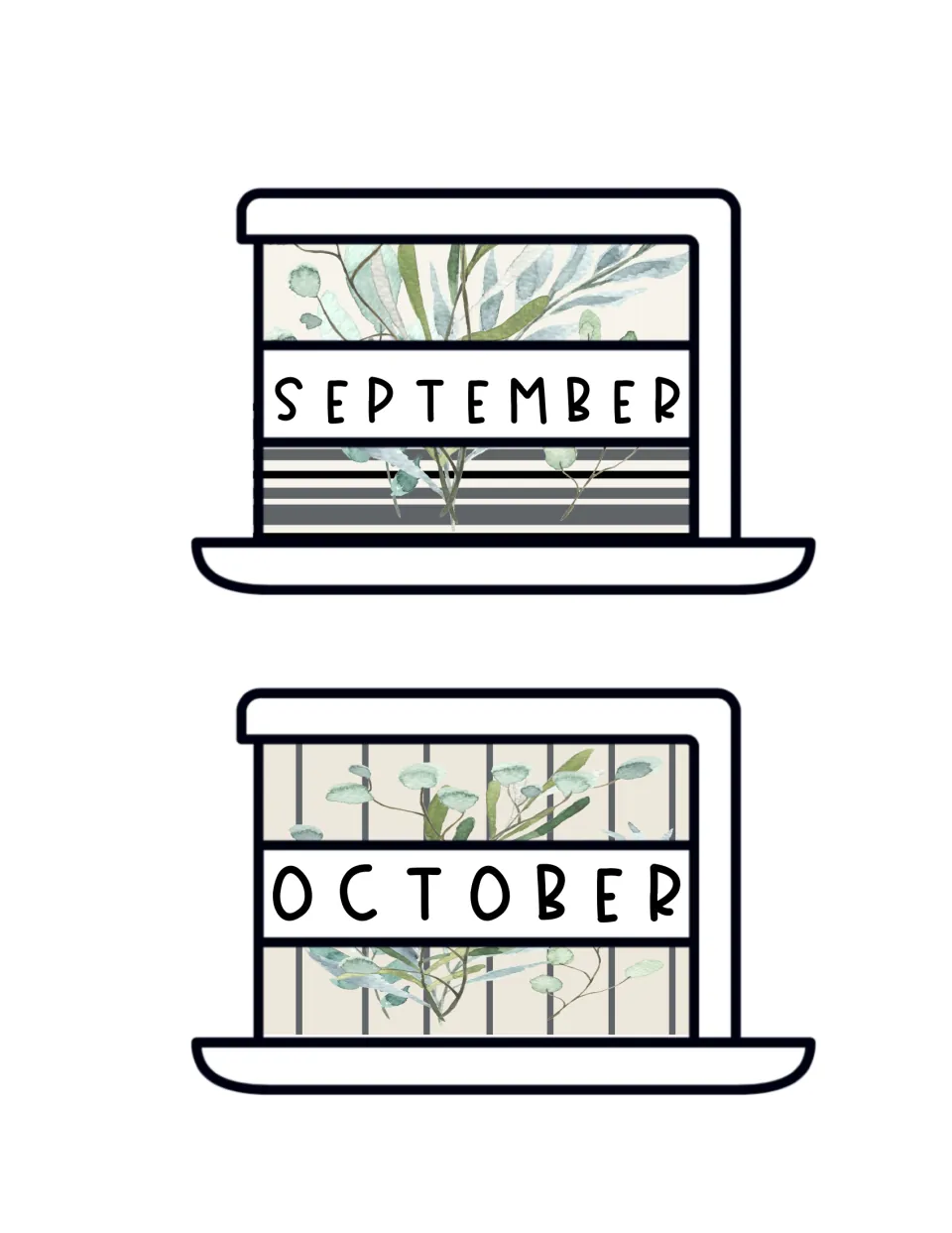 Month cards for September and October decorated with watercolor eucalyptus over gray stripes on a cream background
