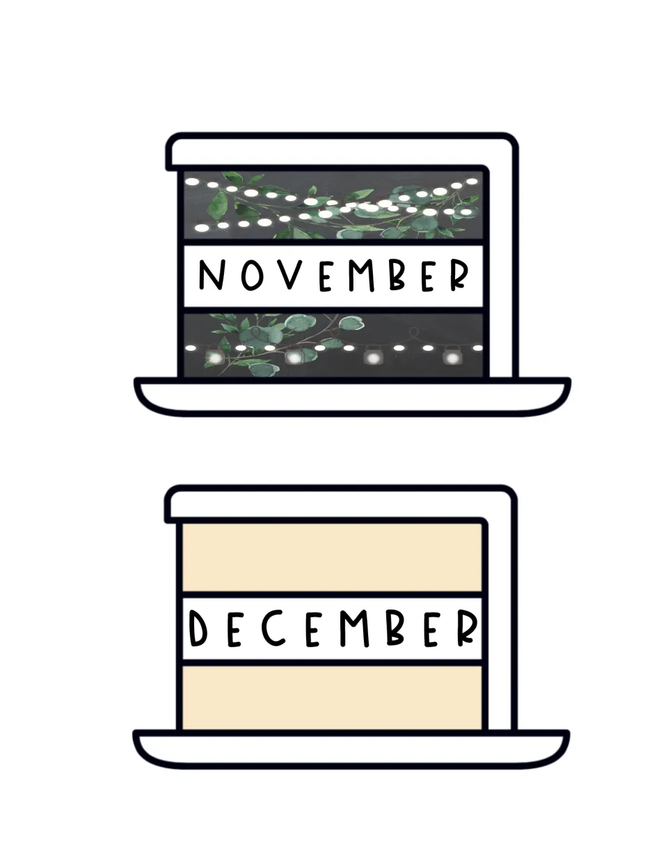 Month cards for November on dark chalkboard with string lights and greenery and December on a plain pale yellow background