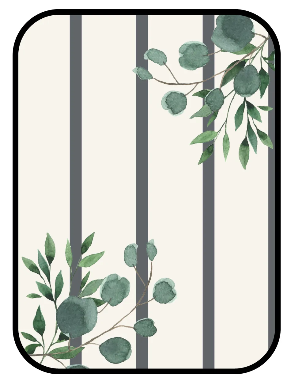 Large rounded card in cream and gray farmhouse stripes with watercolor eucalyptus branches in two corners, no text