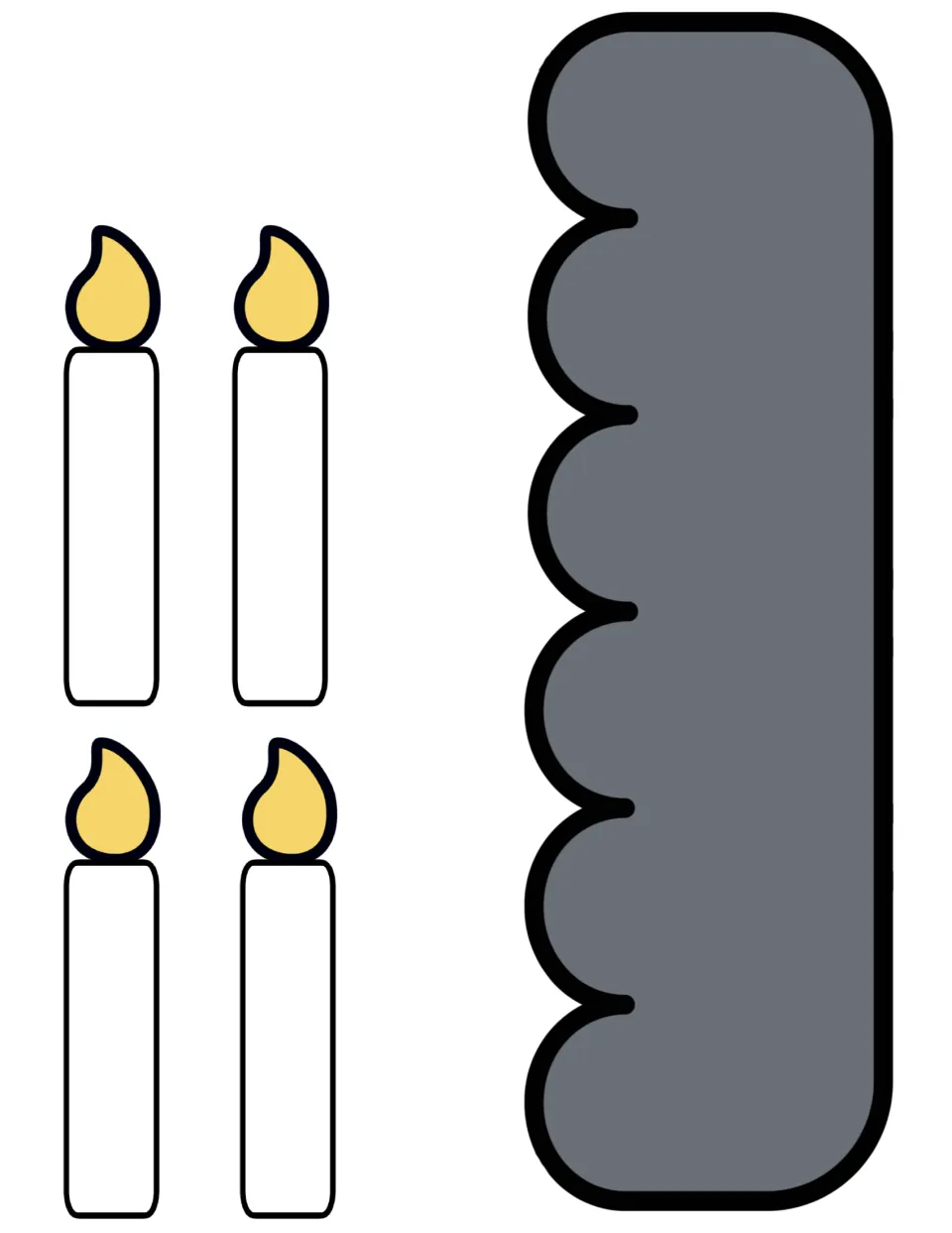 Birthday cut-out piece: four white candles with yellow flames beside a tall gray scalloped-edge piece