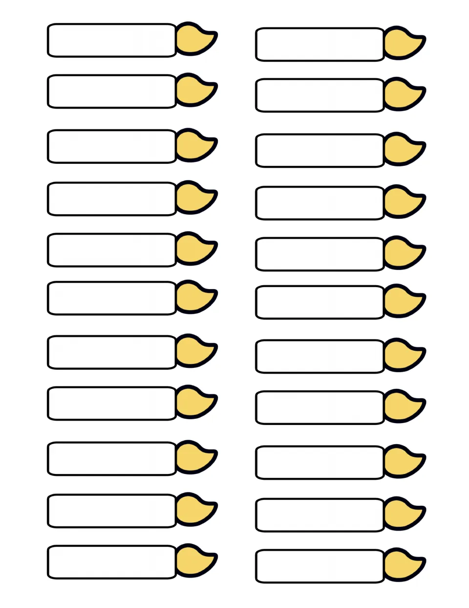 Twenty-two blank candle-shaped name labels with yellow flames for writing or typing each student's name and birthday