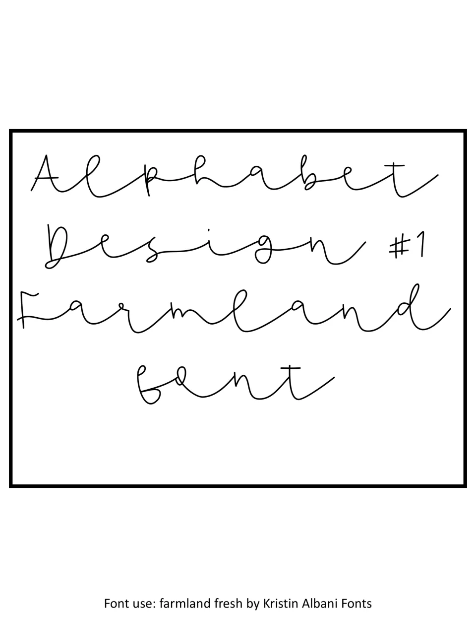 Alphabet set cover labeled 'Alphabet Design #1 Farmland Font', crediting farmland fresh by Kristin Albani Fonts