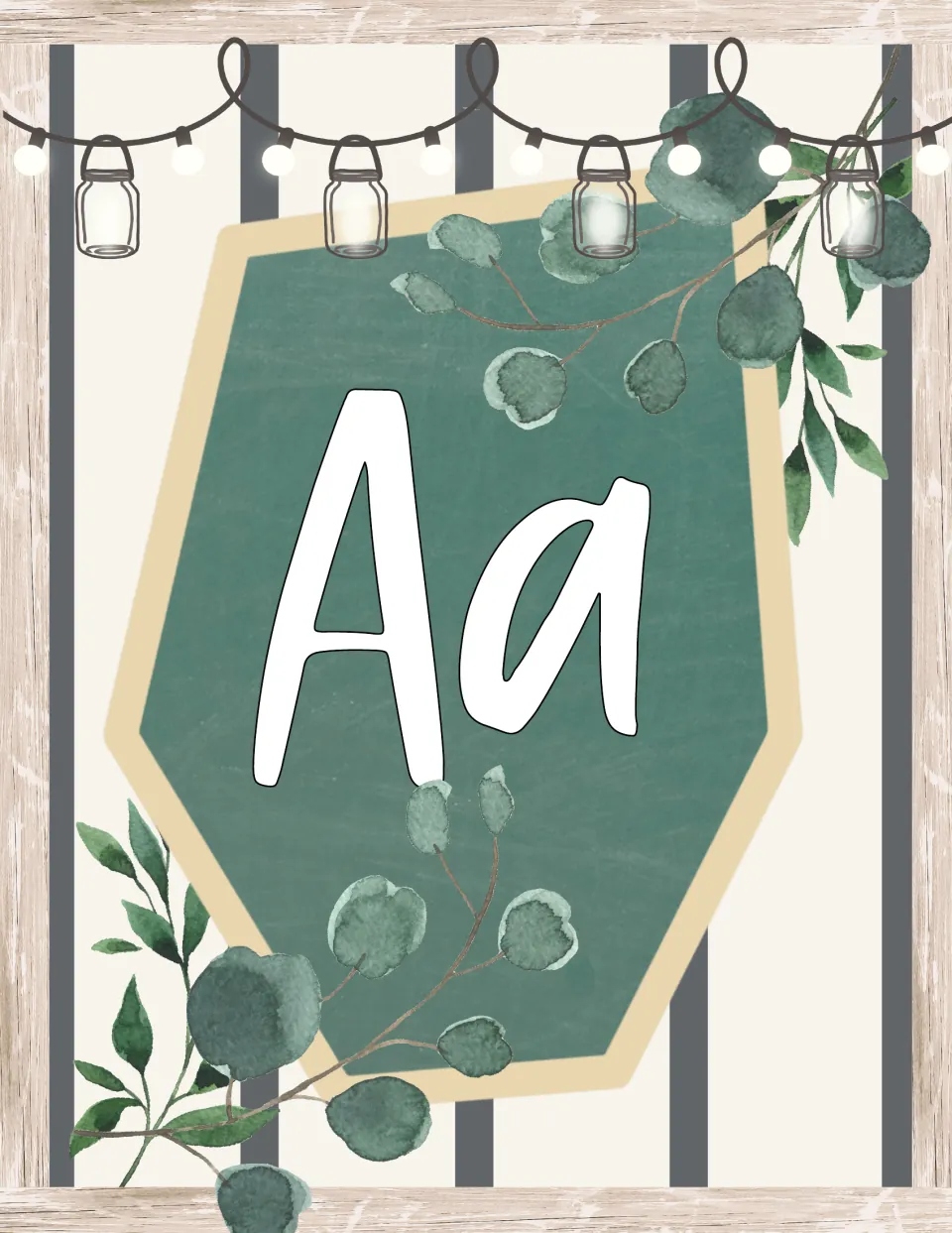 Alphabet display poster for farmhouse classroom decor showing uppercase A and lowercase a together.