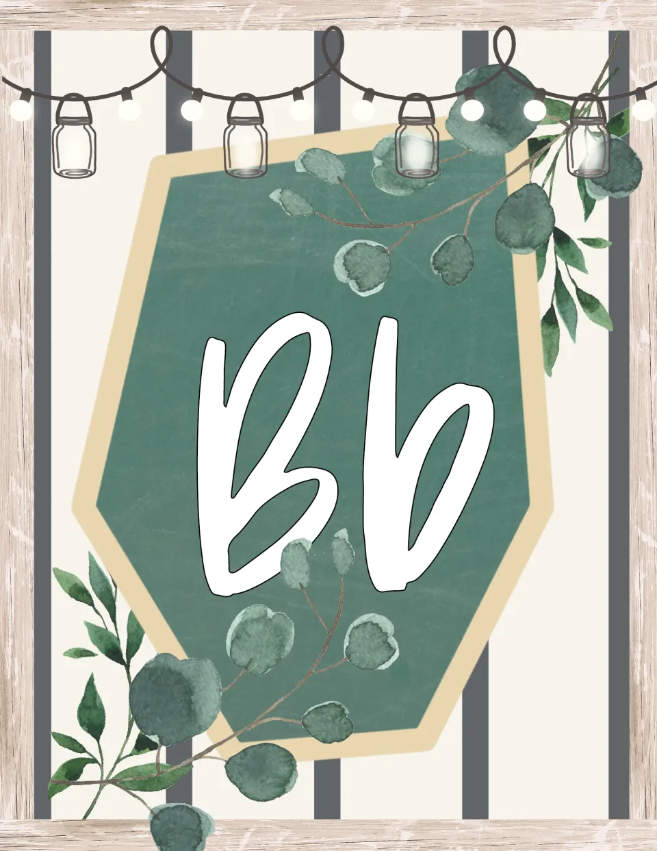 Alphabet display poster for farmhouse classroom decor showing uppercase B and lowercase b together.