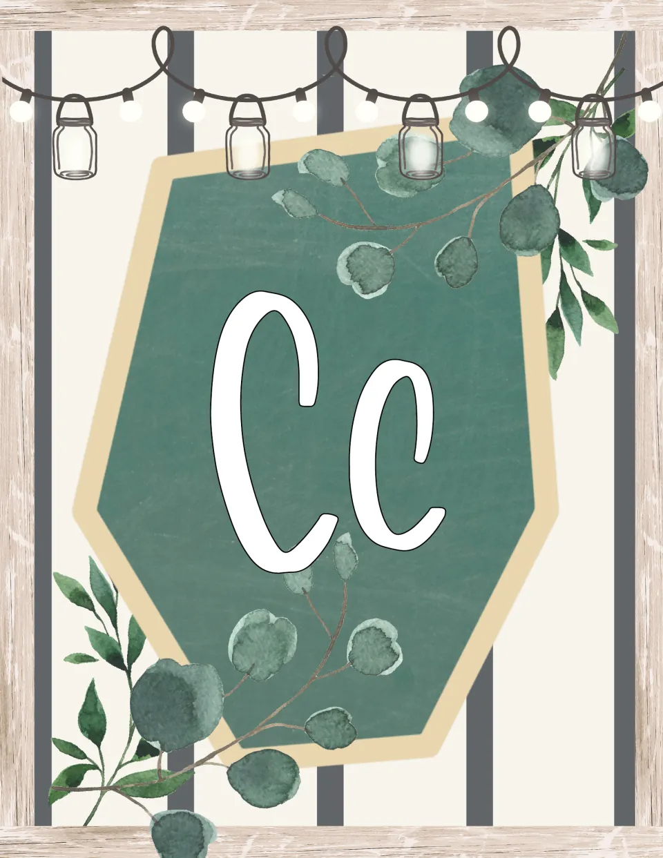 Alphabet display poster for farmhouse classroom decor showing uppercase C and lowercase c together.