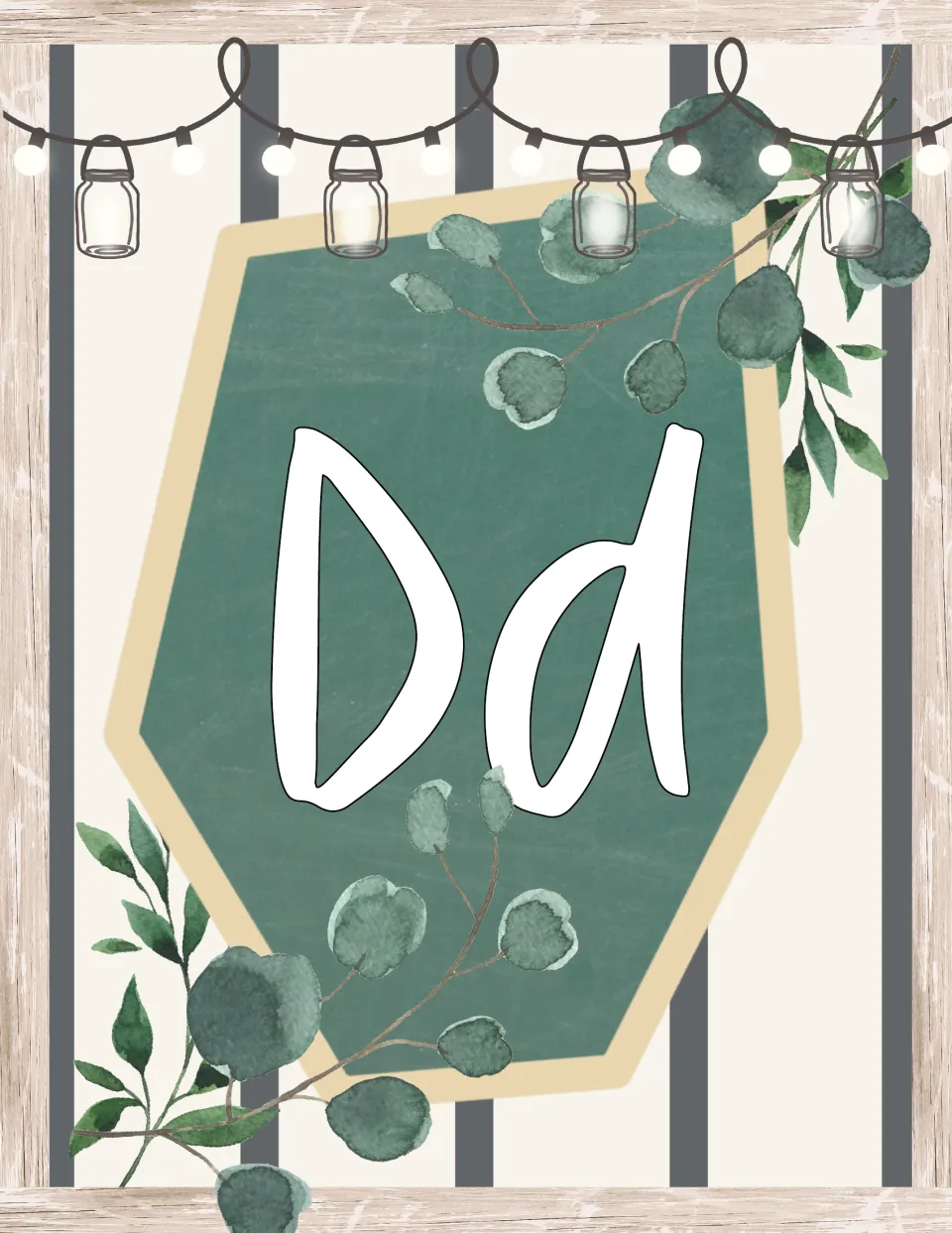 Alphabet display poster for farmhouse classroom decor showing uppercase D and lowercase d together.