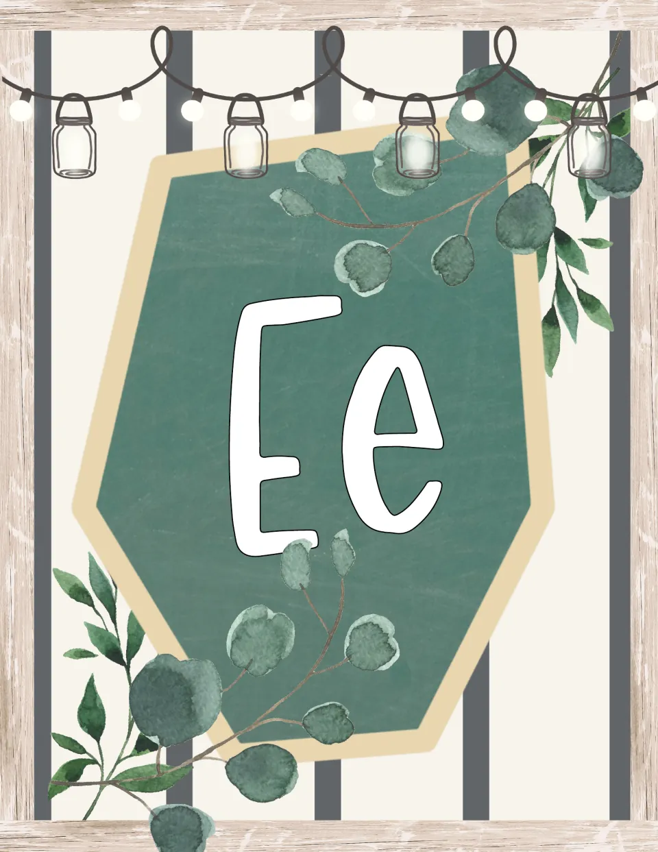 Alphabet display poster for farmhouse classroom decor showing uppercase E and lowercase e together.