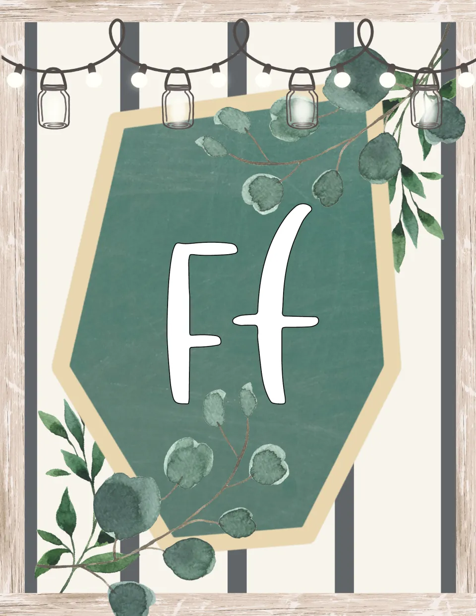 Alphabet display poster for farmhouse classroom decor showing uppercase F and lowercase f together.