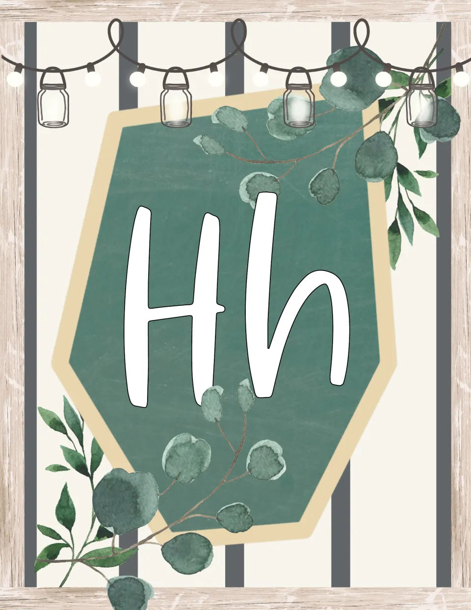 Alphabet display poster for farmhouse classroom decor showing uppercase H and lowercase h together.