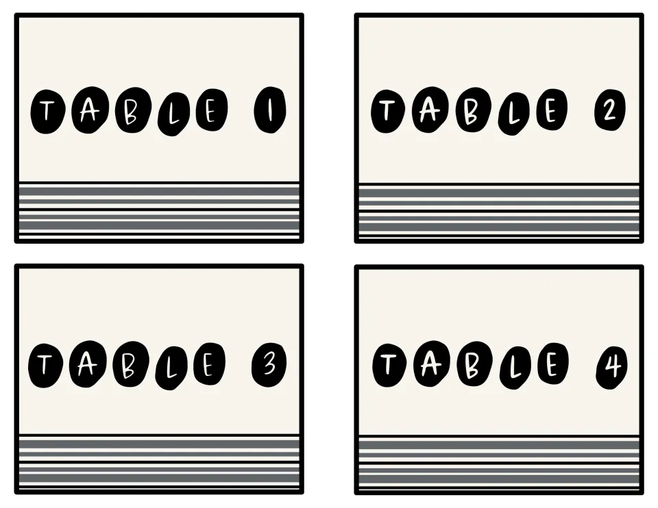 Table number signs 1 to 4: four cream cards spelling TABLE in black pebble letters, with gray farmhouse stripes