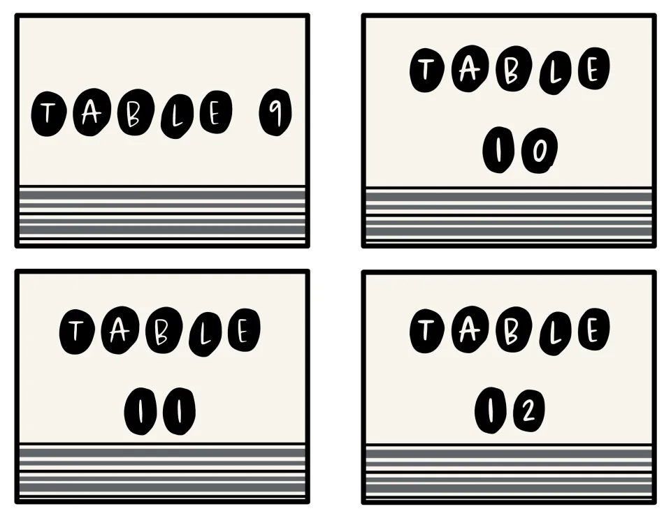 Table number signs 9 to 12 in black pebble lettering; the two-digit cards set the number below the word TABLE